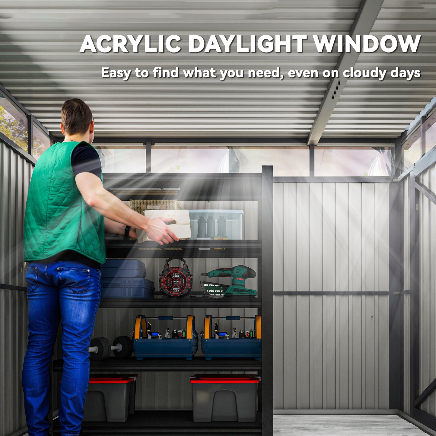 Outsunny 5.3 by 8.5 ft Galvanised Steel Garden Shed With Roof Windows Lockable Wide Door For Outdoor Tool Storage