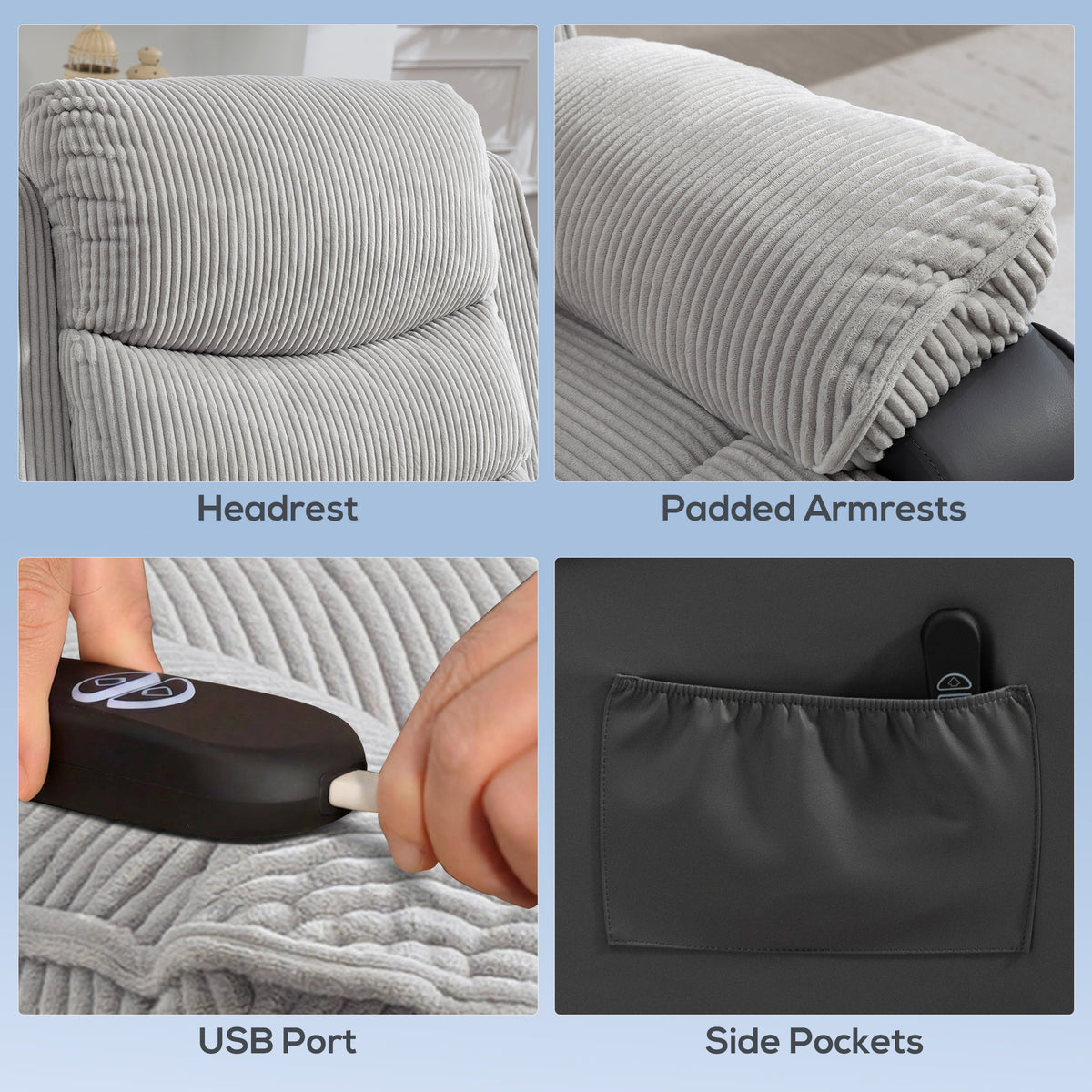 HOMCOM Power Lift Recliner Chair For Elderly With USB Port And Pocket Grey
