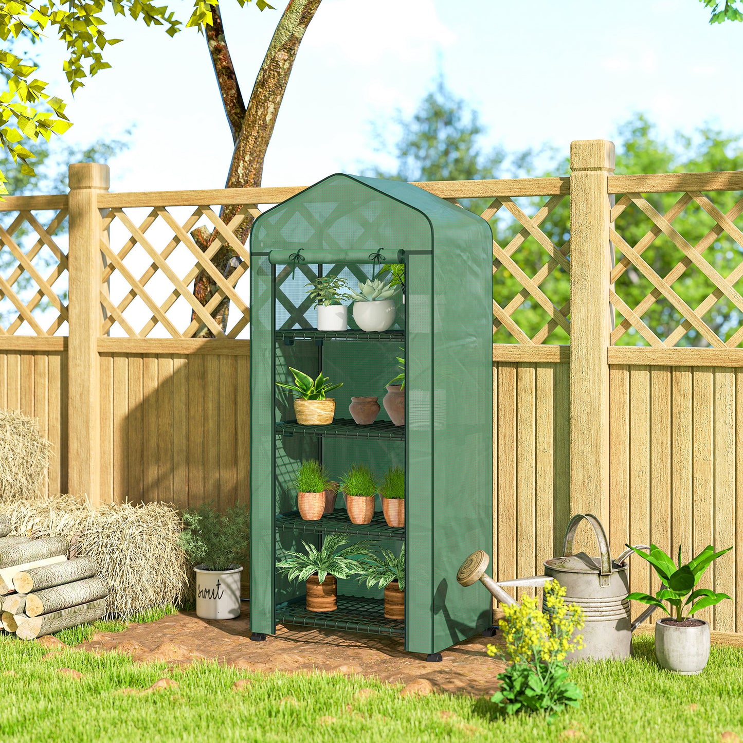 Outsunny 4 Tier Portable Greenhouse With Lockable Wheels Metal Frame PE Cover Green