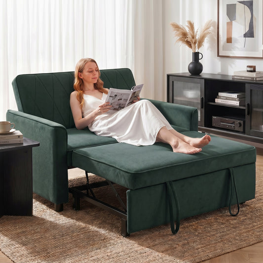 HOMCOM 2 Seater Sofa Bed 3 In 1 Convertible Pull Out Sleeper With Clik-Clack Adjustable Backrest Dark Green Velvet