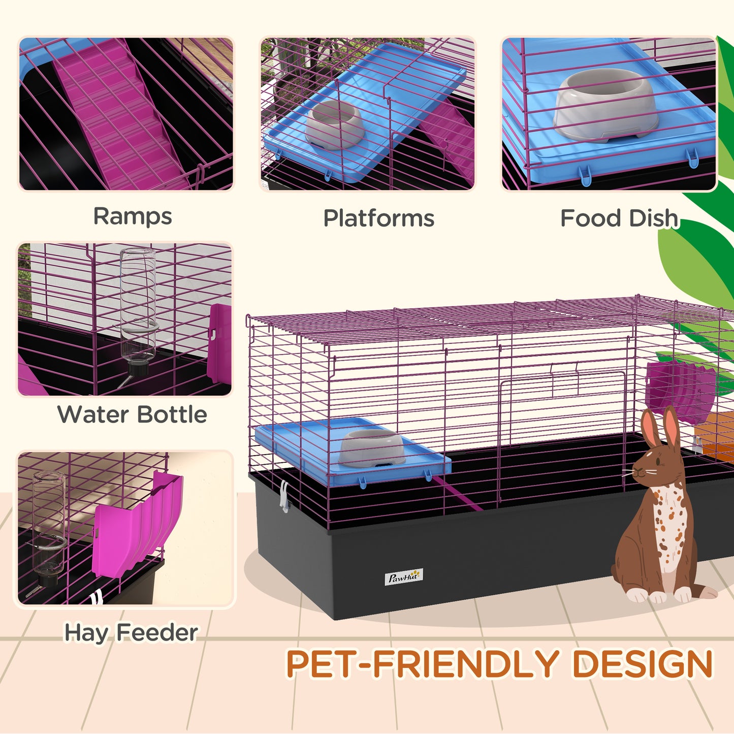 PawHut Multi-Level Small Animal Habitat with Platform and Ramp for Rabbits, Guinea Pigs, and Chinchillas, 99 x 52 x 53cm, Black - ALL4U RETAILER LTD