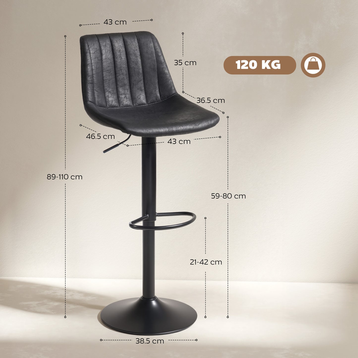 HOMCOM Set Of 2 Tub Bar Stools Black Adjustable Height 360 Degree Swivel Seats With Non Slip Base