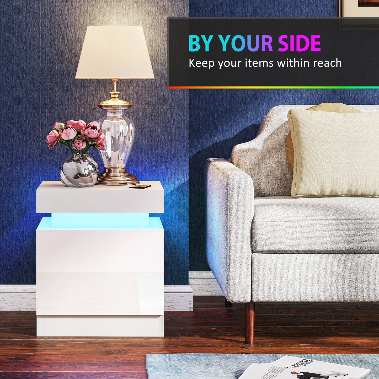 HOMCOM White Bedside Table With LED Light Set Of 2 Nightstand For Bedroom Living Room High Gloss Front And 2 Drawers