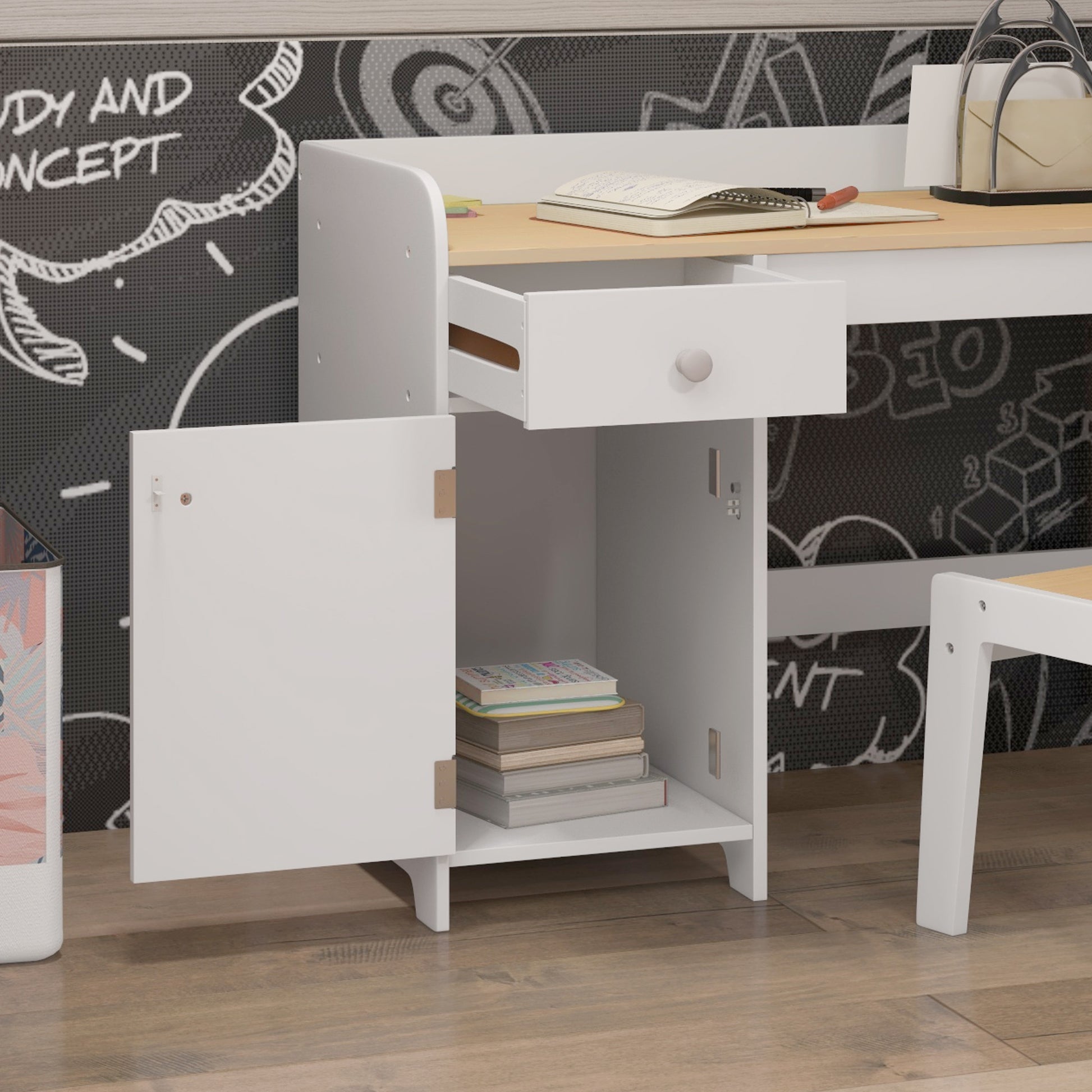 ZONEKIZ Kids Study Desk and Chair Set with Storage Drawer for Ages 3-6, White - ALL4U RETAILER LTD