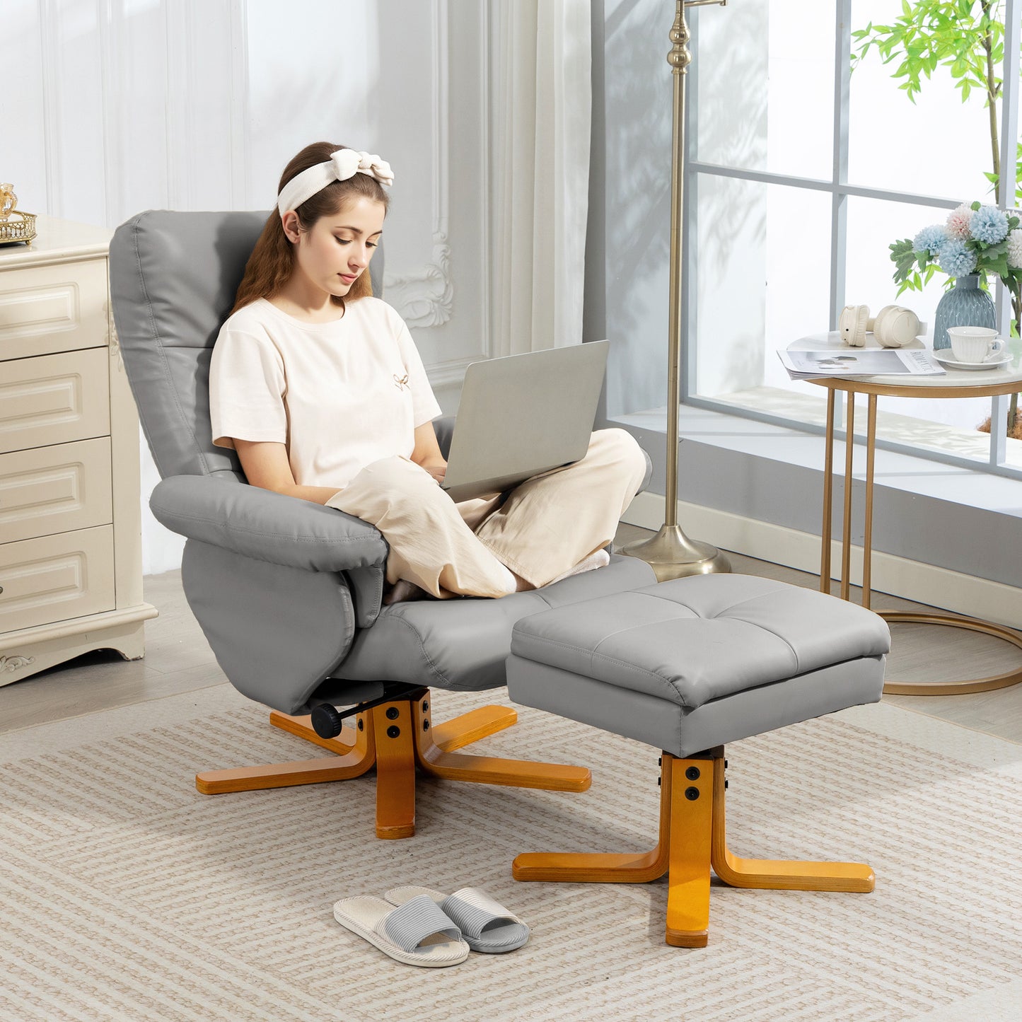 HOMCOM PU Leather Swivel Recliner Chair With Footstool And Hidden Storage For Living Room, Wooden Base, Light Grey