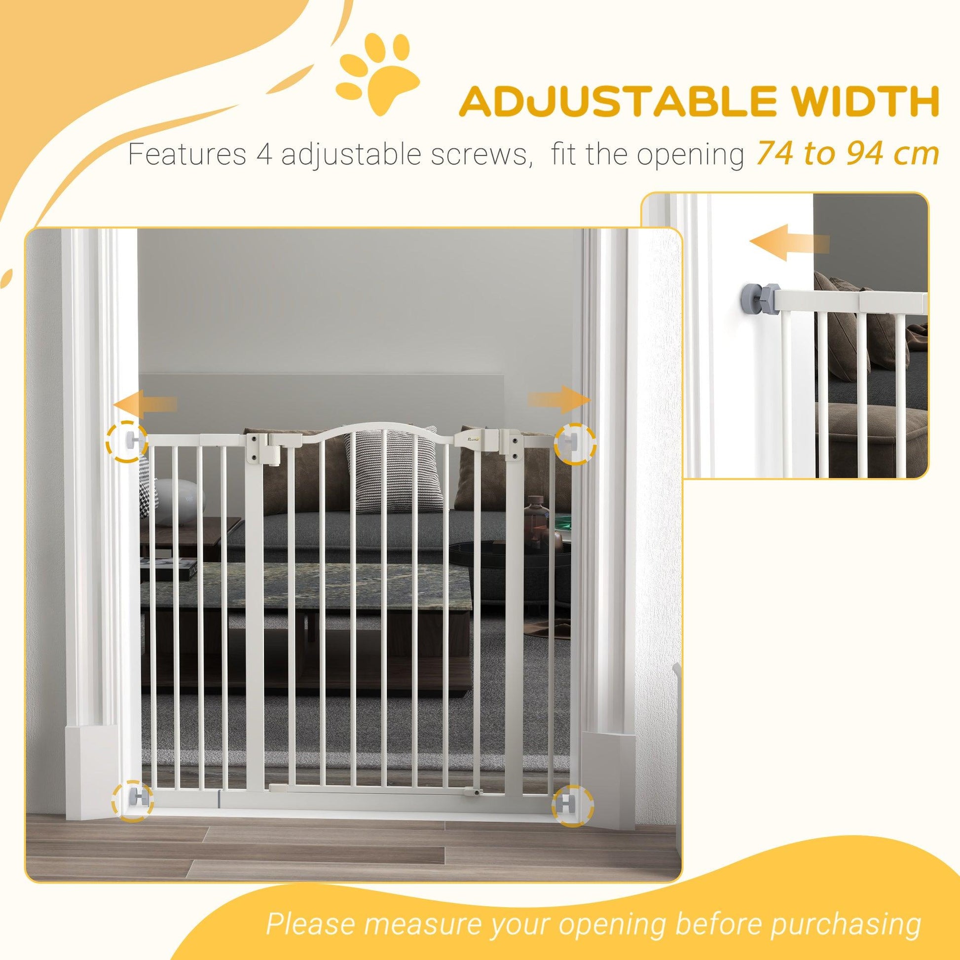 PawHut Metal 74-100cm Adjustable Pet Gate Safety Barrier w/ Auto-Close Door White - ALL4U RETAILER LTD