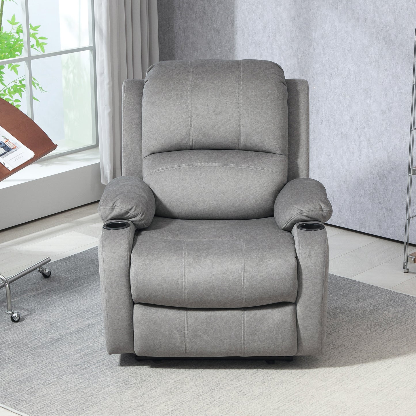 HOMCOM Microfibre Manual Reclining Armchair With Footrest Grey Cup Holder Armrests