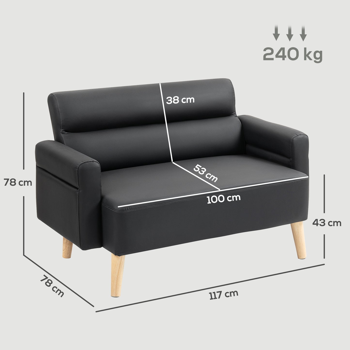 HOMCOM Small Faux Leather 2 Seater Sofa Set Black Compact Loveseat for Small Rooms