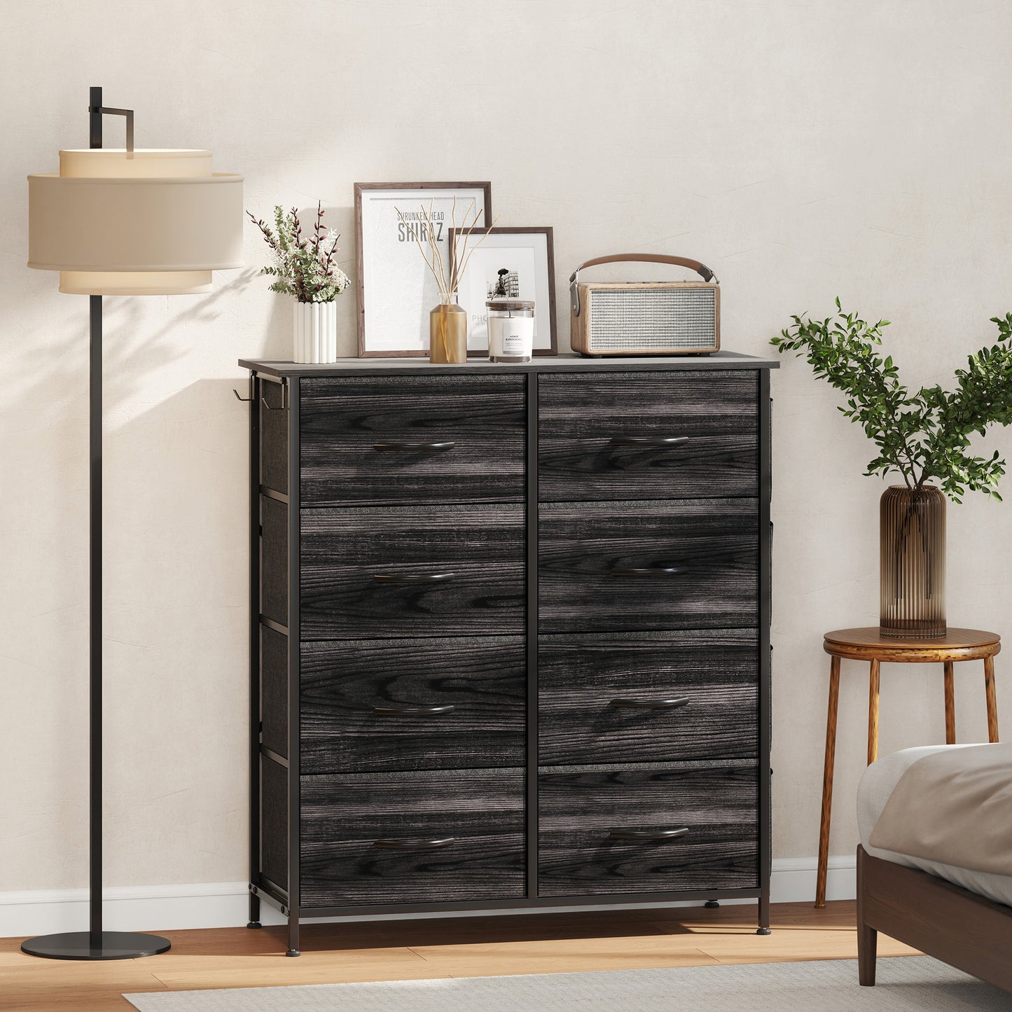 HOMCOM Eight Drawer Fabric Chest Of Drawers In Black With Steel Frame And Side Pockets