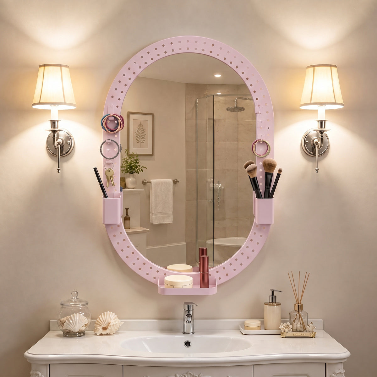 Oval wall mirror with pink pegboard frame and hanging hooks for bathroom essentials