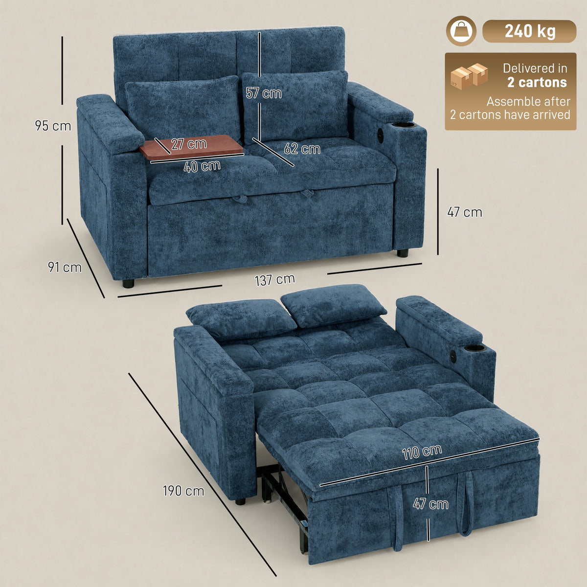 Dark blue velvet-look sofa bed with pull-out sleeper and hidden table
