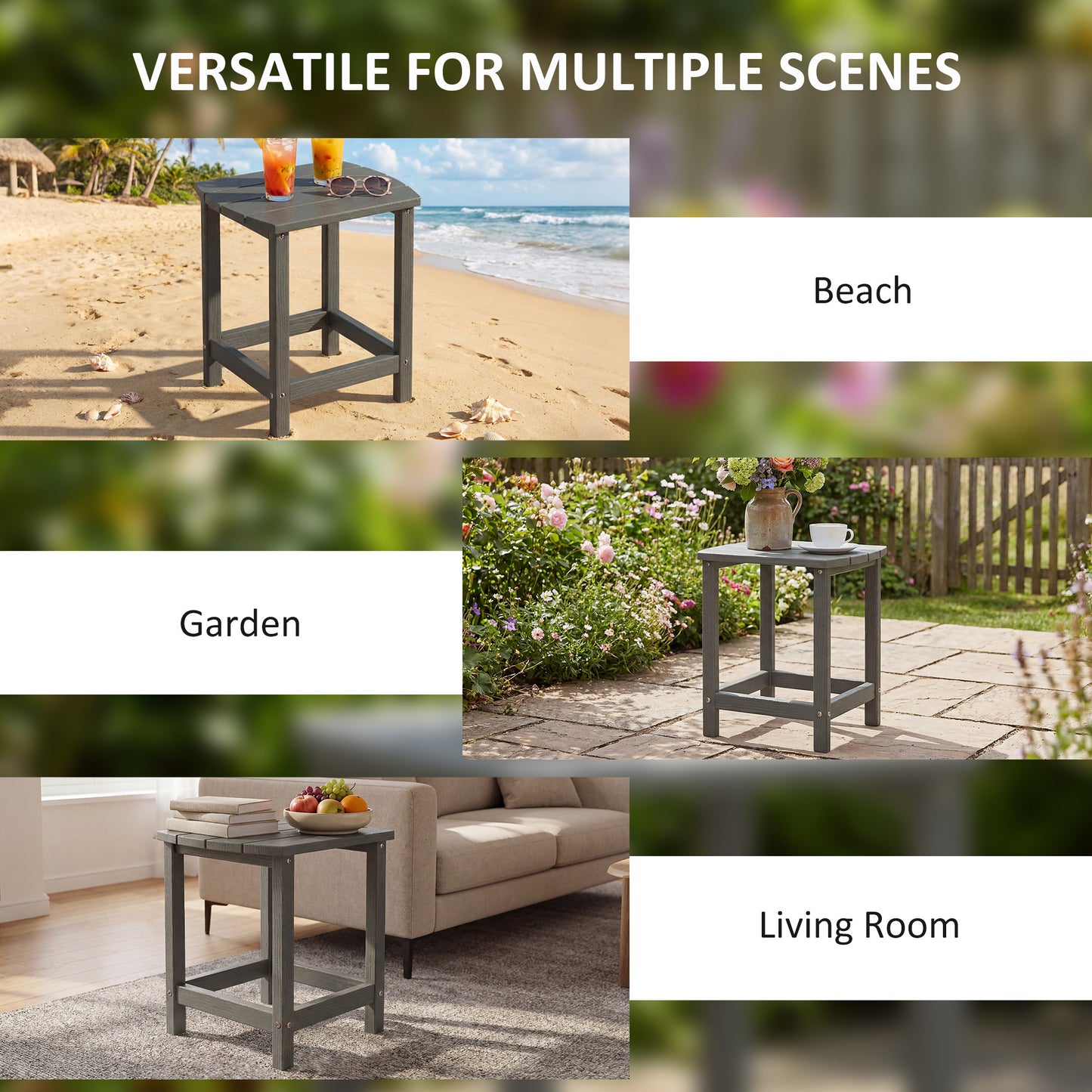 Outsunny All Weather HDPE Garden Side Table With Wood Effect Texture For Indoor Outdoor Patio Grey