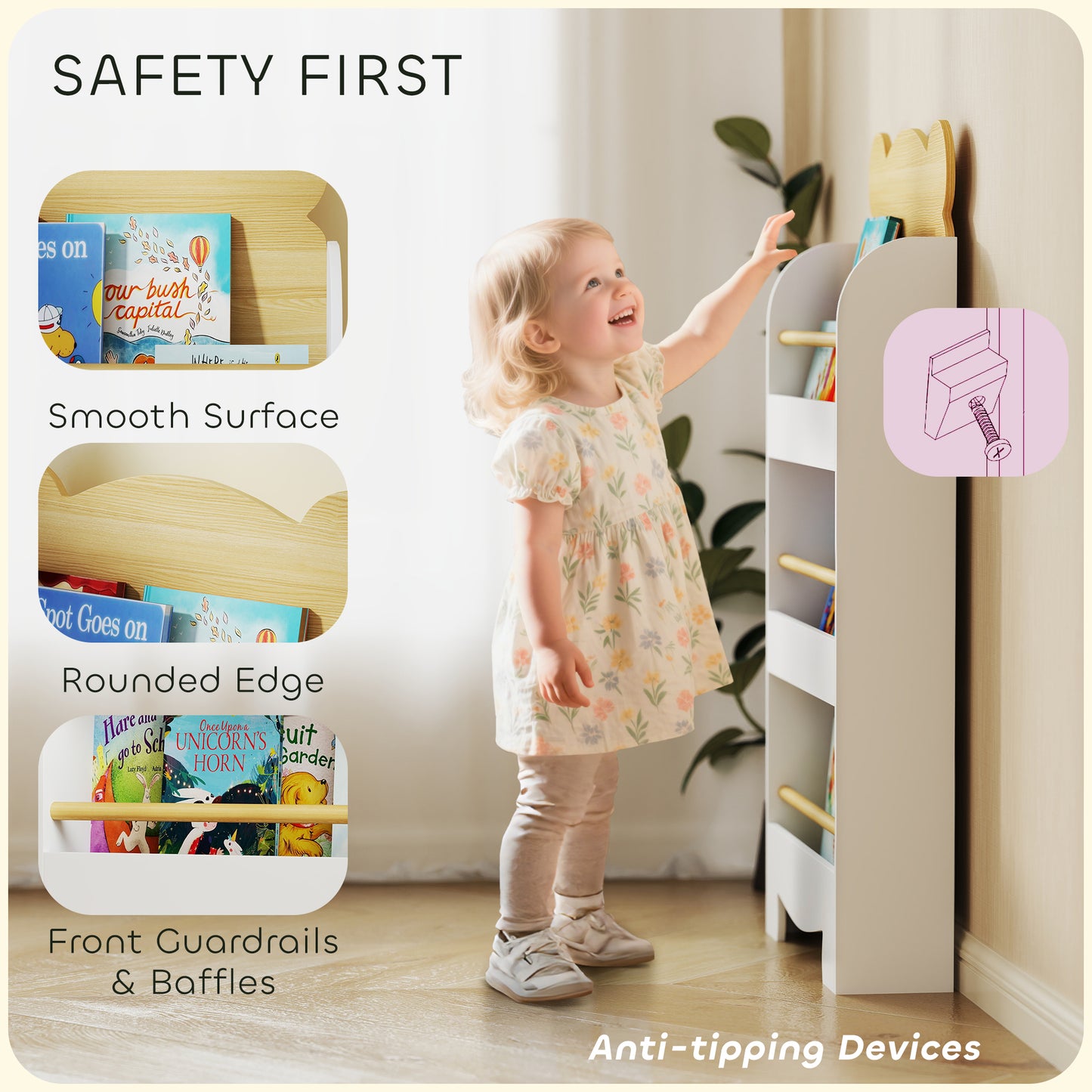AIYAPLAY Bear Themed Kids Bookshelf 3 Tier White Space Saving Bookcase For Living Room Toddler