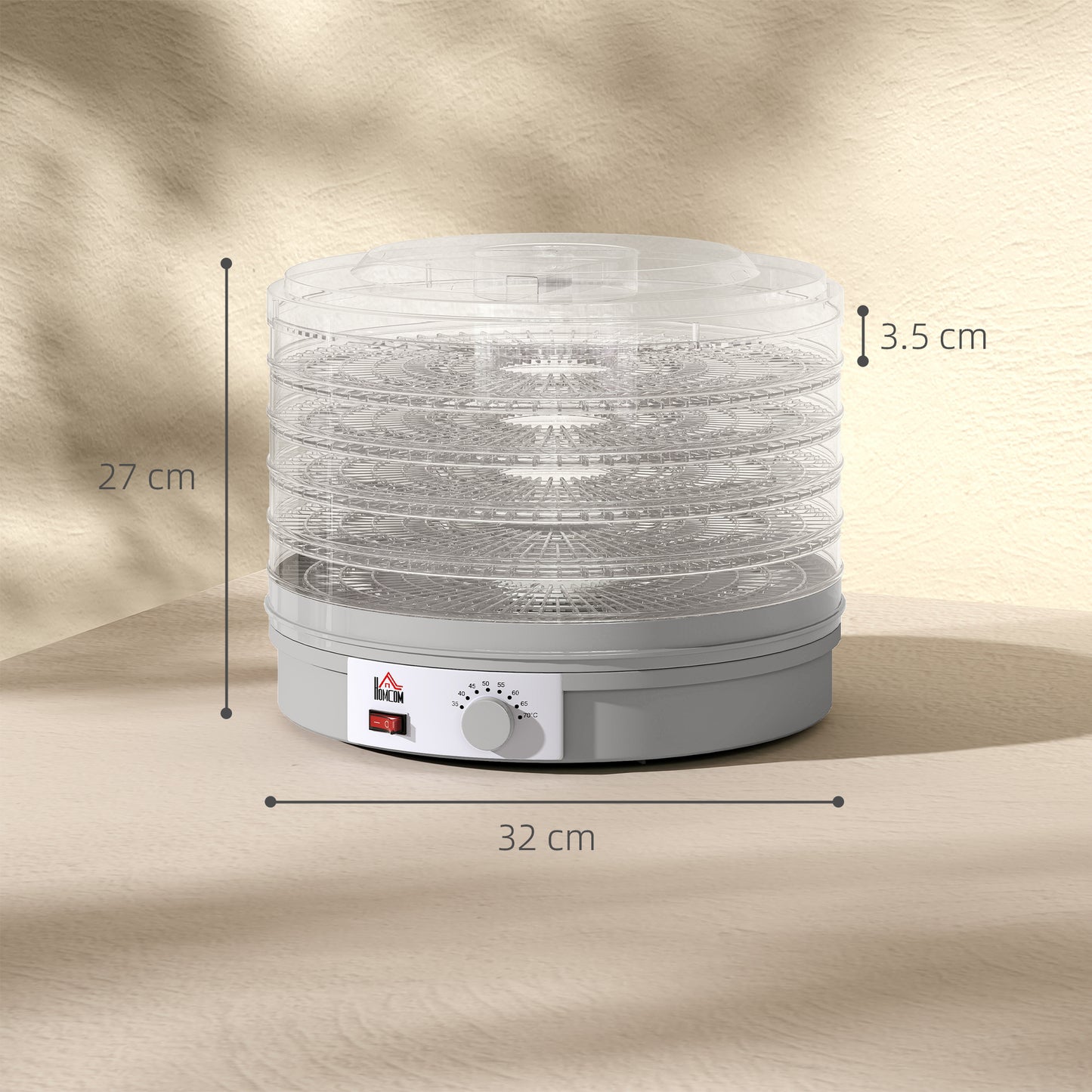 HOMCOM 5-Tier Food Dehydrator 245W With Adjustable Temperature 35 To 70 C For Fruit Meat Veg Jerky And Pet Treats Grey