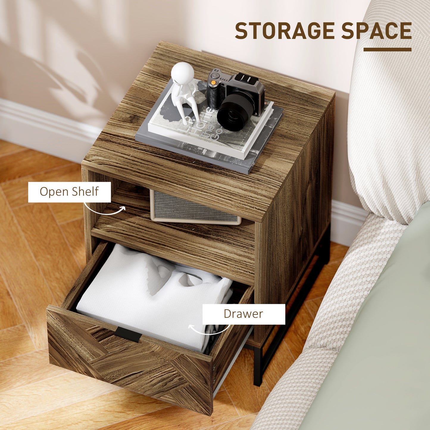 HOMCOM Bedside Table With Drawer And Open Shelf, Steel Leg End Table For Bedroom And Living Room, Brown Wood Effect