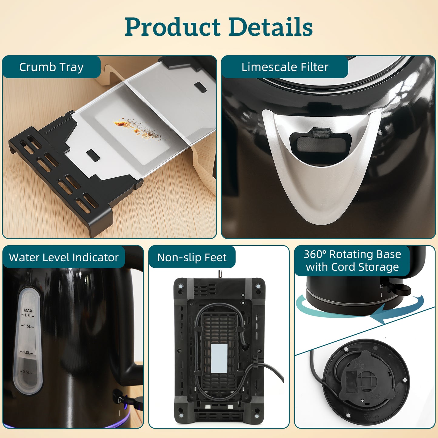 HOMCOM Polished Toaster And Kettle Set Black With Sleek Countertop Design And LED Ambience