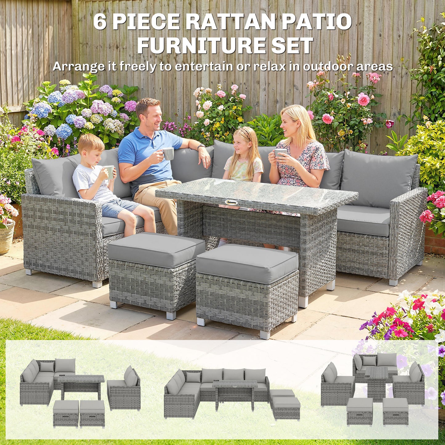 Outsunny 6 Seater L Shaped Rattan Garden Furniture Set With 3 Sofas 2 Footstools And Dining Table Grey
