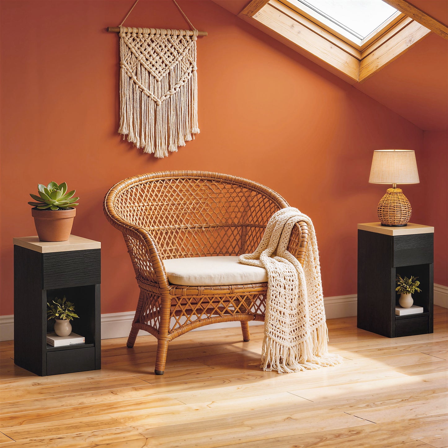 HOMCOM Set Of Two Modern Black Storage Bedside Tables With Wood Effect Tops For Small Spaces