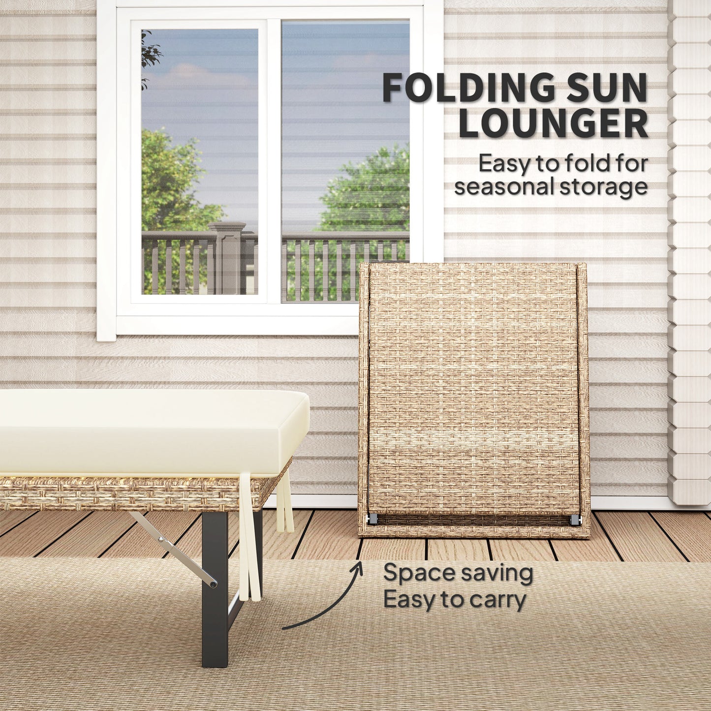 Outsunny Single Folding Rattan Sun Lounger With Cushion Grey Adjustable Back Powder Coated Steel Frame