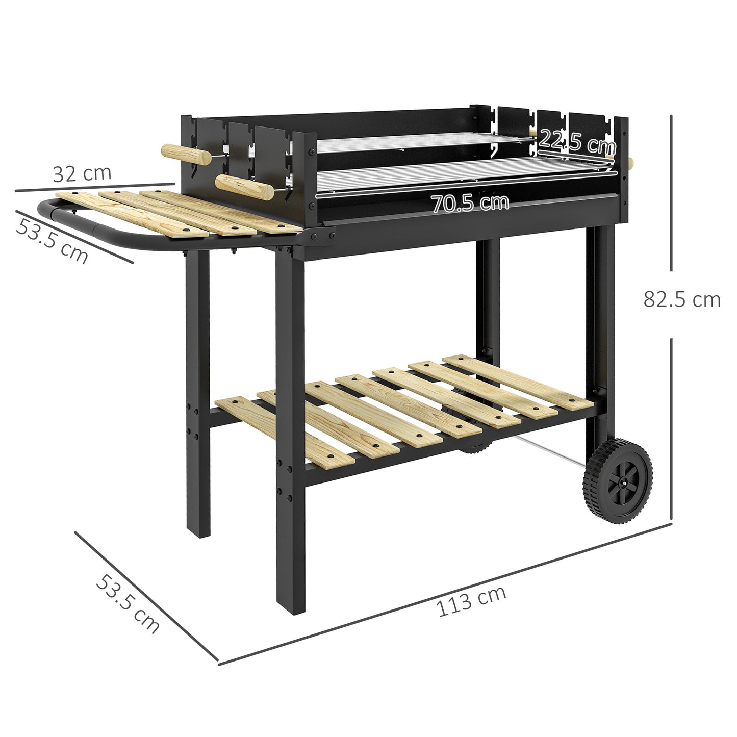 Outsunny Charcoal BBQ Grill Trolley With Double Adjustable Grill Side Table Storage Shelf And Wheels Black