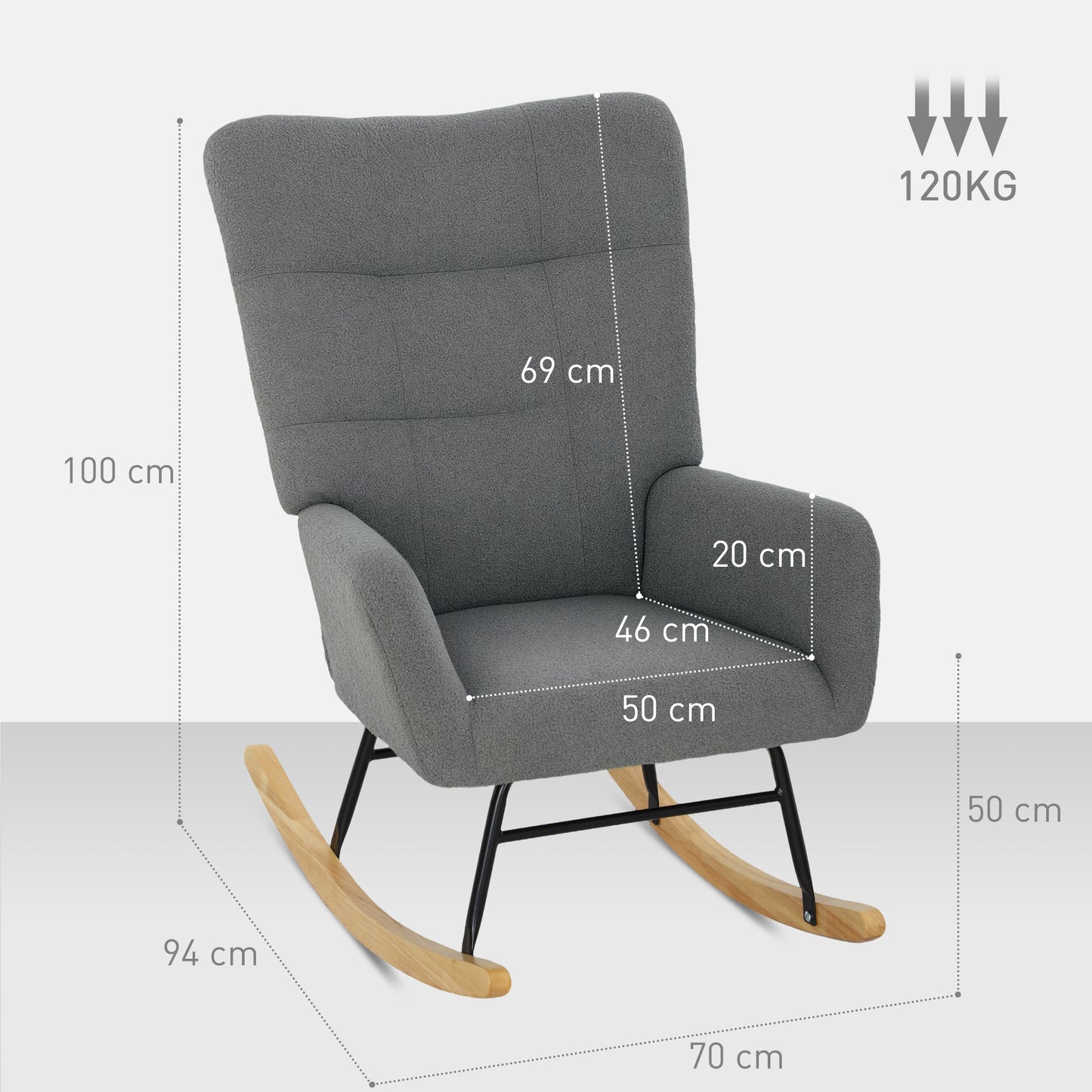HOMCOM Teddy Fleece Rocking Chair Grey With High Density Foam Padding And Wooden Feet For Gentle 90 To 115 Degree Sway