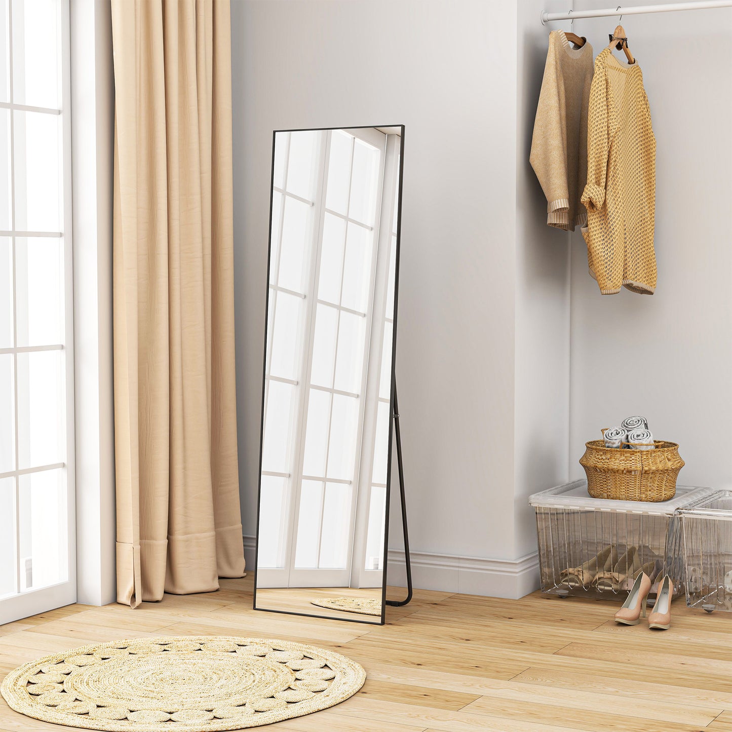 HOMCOM Full Length Mirror With Aluminium Alloy Frame And Tempered Glass Standing Or Wall Hanging Black