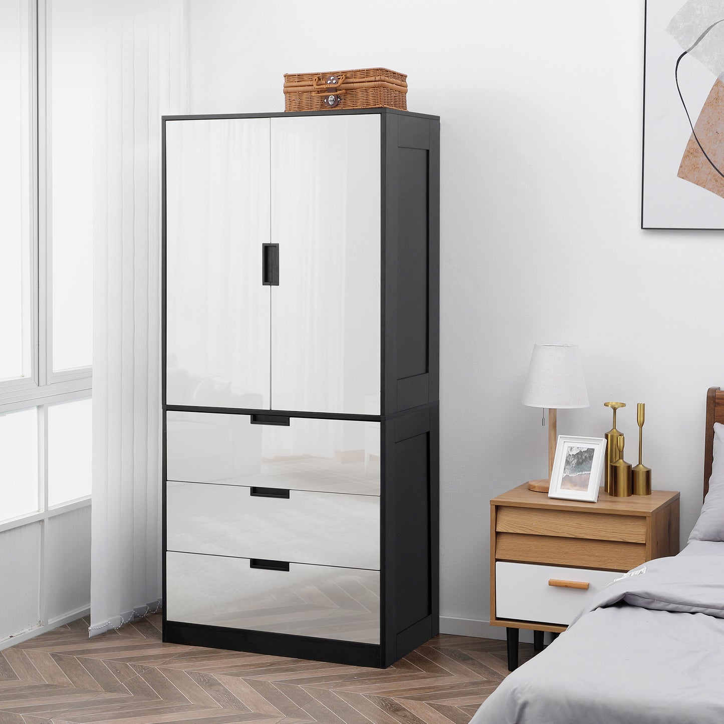 HOMCOM 2 Door Wardrobe with 3 Drawers and Hanging Rod in High Gloss White with Black Accents Modern Bedroom Storage