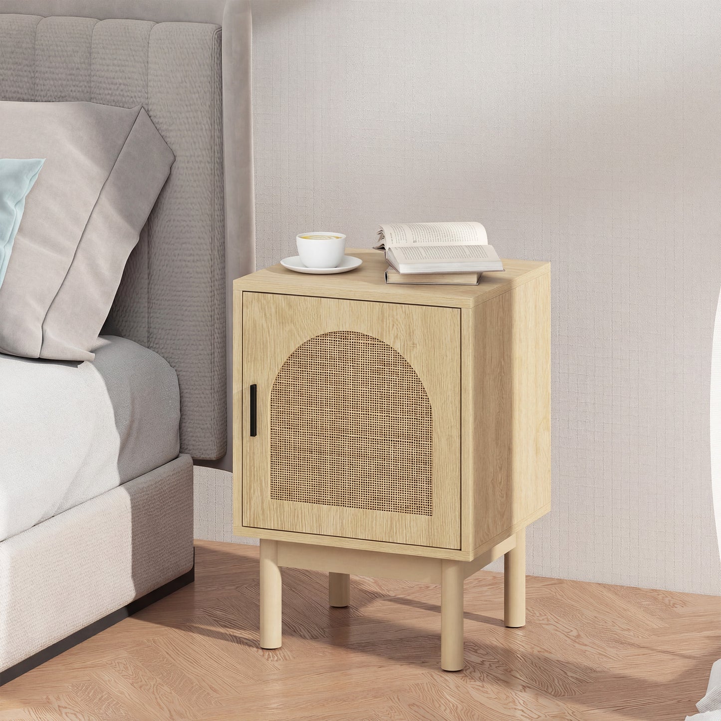 HOMCOM Rattan Bedside Table For Bedroom Natural Wood Arch Rattan Door Two Tier Design With Adjustable Shelving