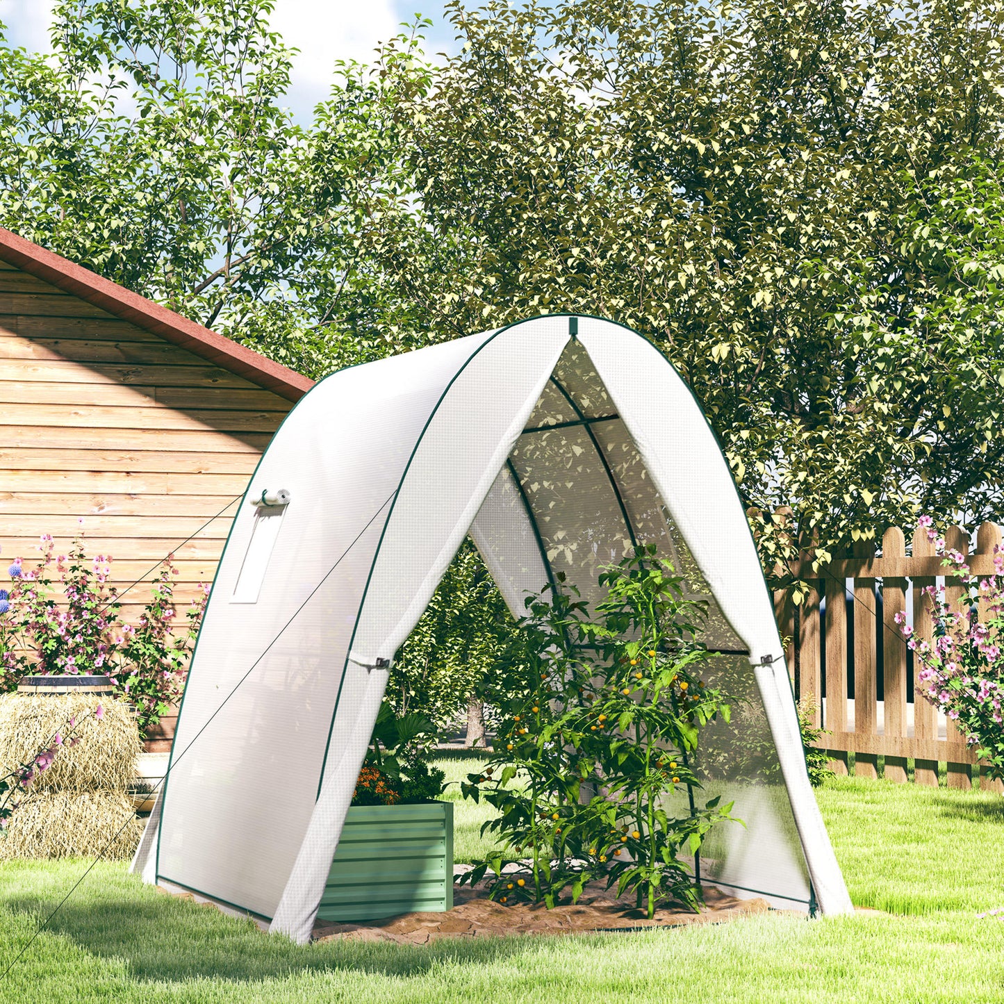 Outsunny Walk In Polytunnel Greenhouse With Sandbags Two Doors Screen Windows Size 1.8x1.8x2 Meters White