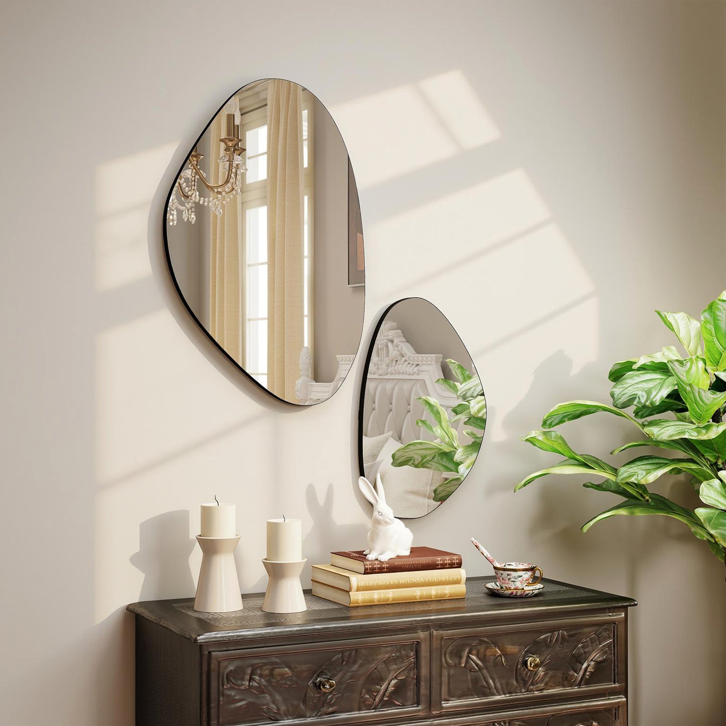 HOMCOM Pebble Shaped Wall Mirror Set Of 2 In Black With Metal Frame And MDF Construction