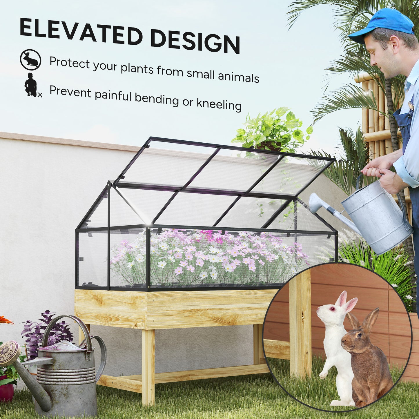 Outsunny 60 By 120 Cm Raised Garden Bed With Wooden Base Natural Finish Includes Protective Cover And Vented Panel