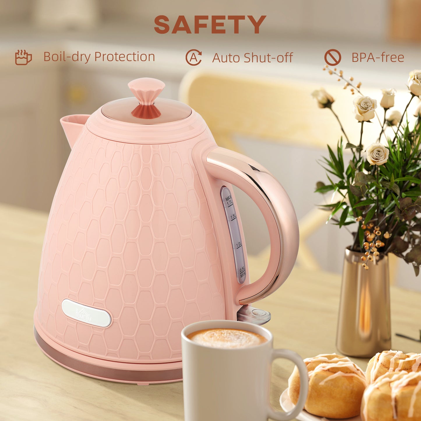 HOMCOM 3kW Rapid Boil Honeycomb Electric Kettle Light Pink With Boil Dry Protection For Quick Tea Coffee