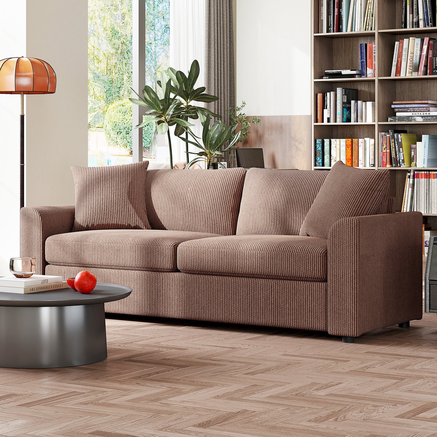 HOMCOM Modern 3 Seater Sofa With Spring Cushion 212 cm Fabric Jumbo Corduroy Couch With Scatter Cushions For Living Room