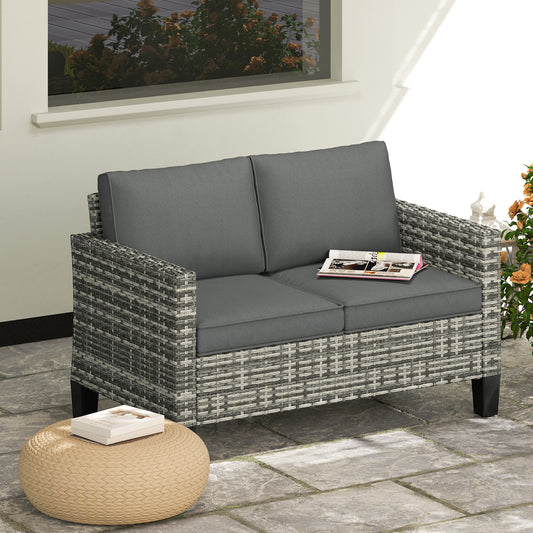 Outsunny Two Seater Rattan Outdoor Sofa With Thick Cushions And Adjustable Feet Light Grey