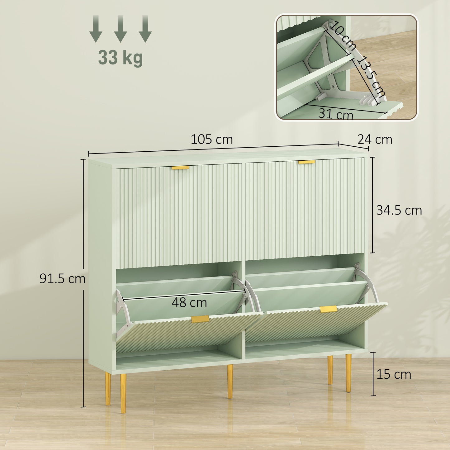 HOMCOM Elegant Four Drawer Shoe Cabinet in Light Green with Ridged Doors and Gold Accents Holds 10 to 20 Pairs