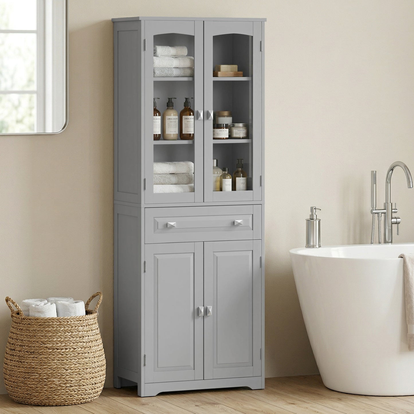HOMCOM Freestanding Kitchen Cupboard With 2 Adjustable Shelves Drawer Glass Door Living Room Grey