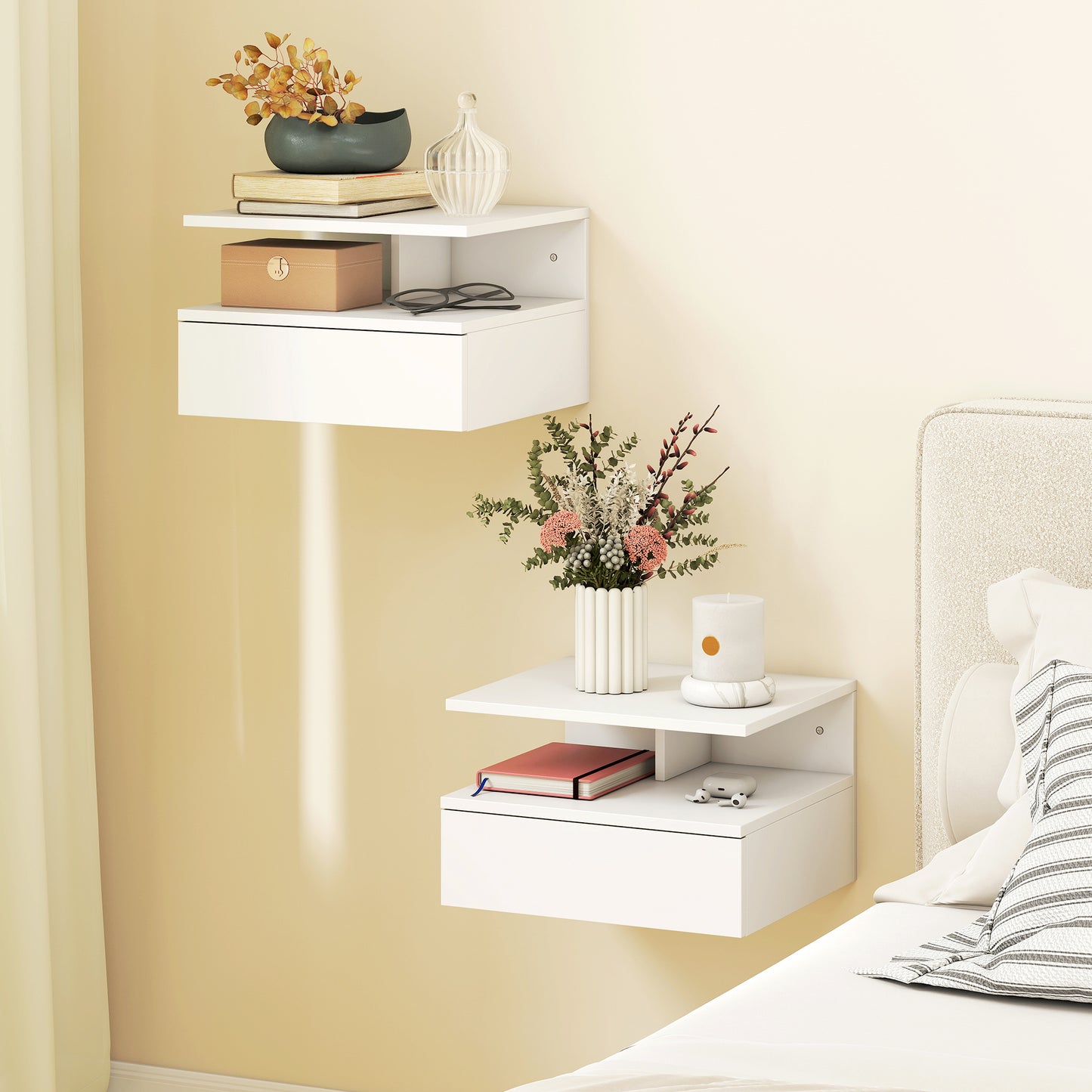 Homcom Floating Bedside Table Set Of Two White Modern Nightstands With Drawers And Open Shelves