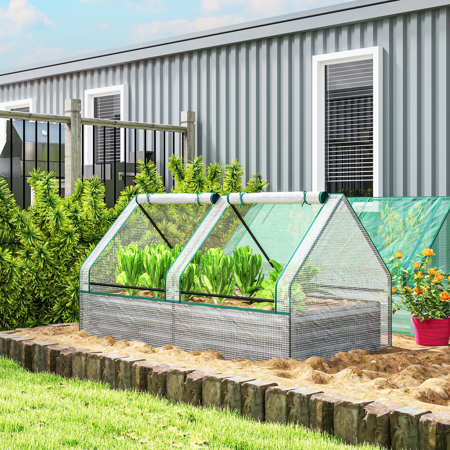 Outsunny Metal Planter Box With Cover Raised Garden Bed And Greenhouse For Herbs And Vegetables White And Dark Grey