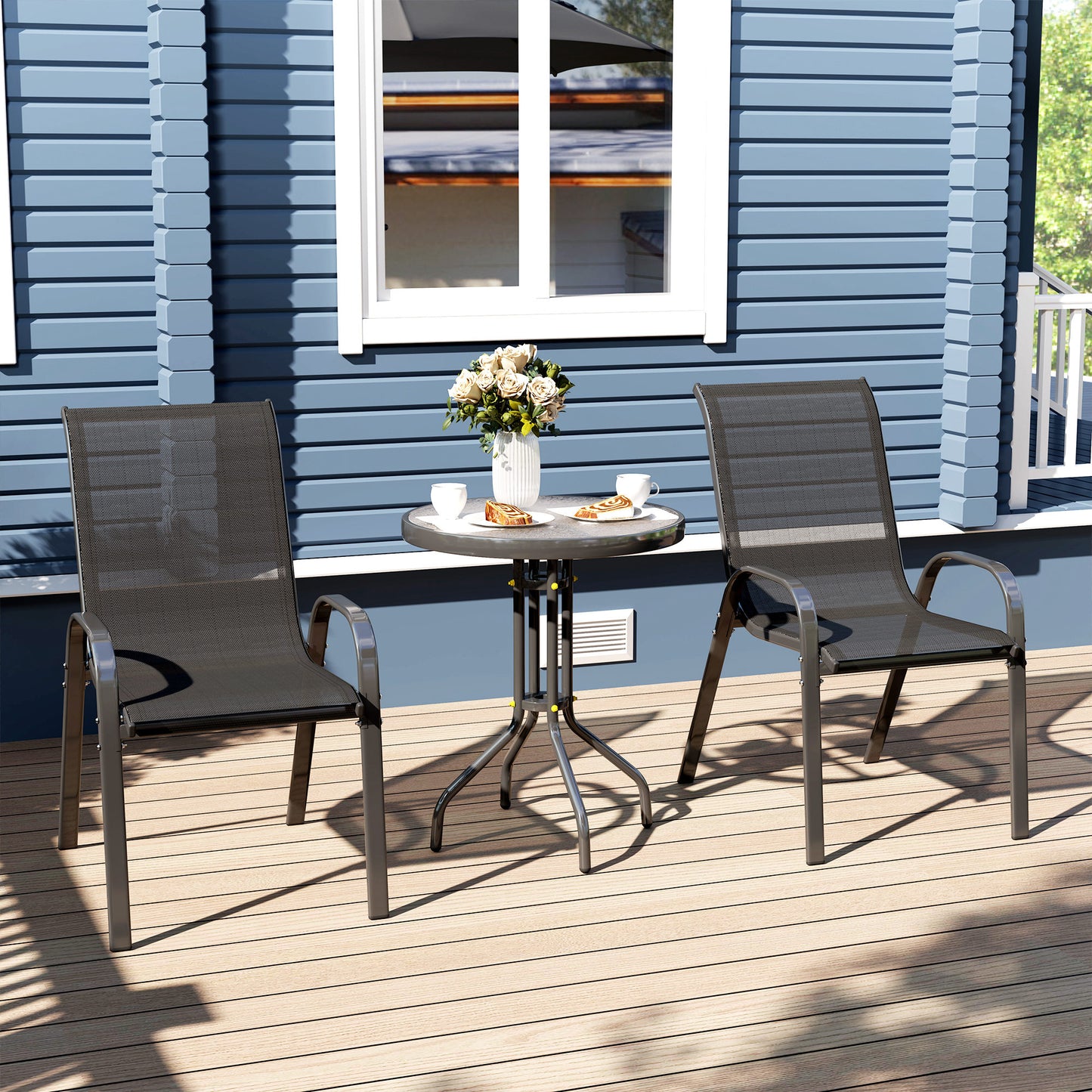 Outsunny Outdoor Garden Set With Round Table And Stackable Chairs In Black Powder Coated Steel