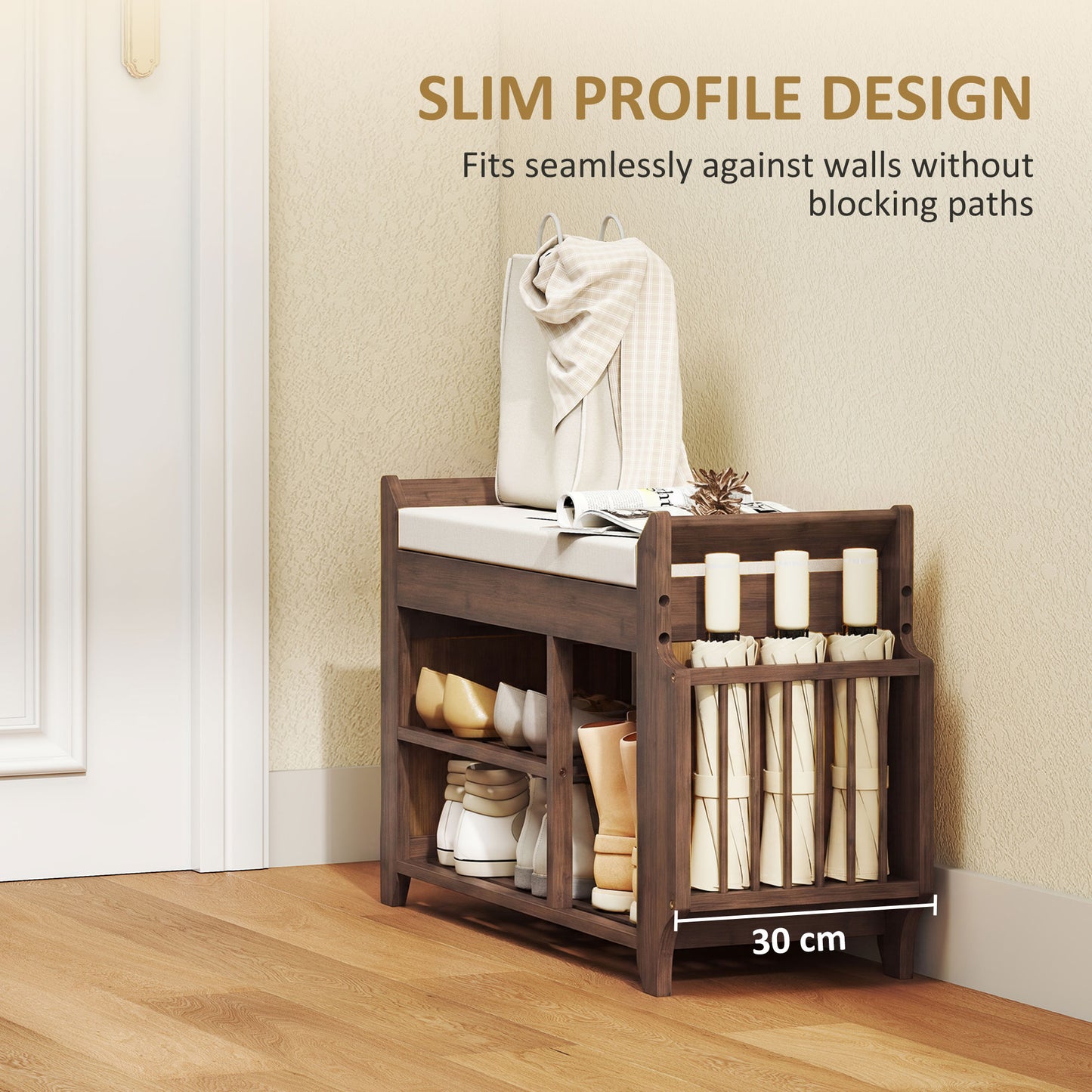 HOMCOM Shoe Bench 2 Tier Entryway Storage with Cushioned Seat 100x30x50 cm Dark Brown and Cream