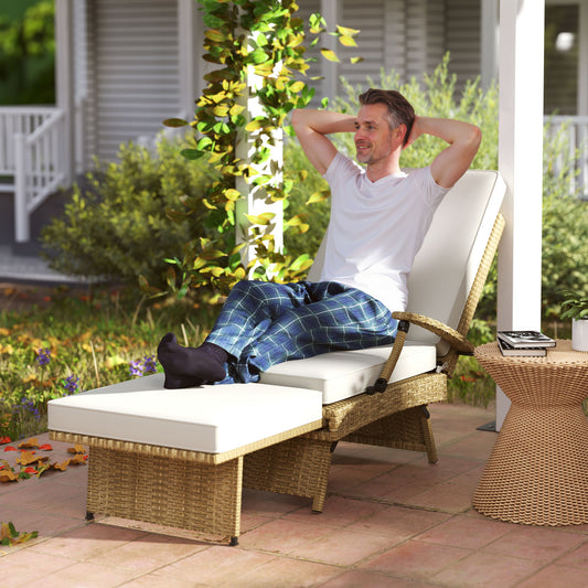 Outsunny 80 Degree Reclining Rattan Lounger With Footrest Ideal Outdoor Garden Chair White Beige