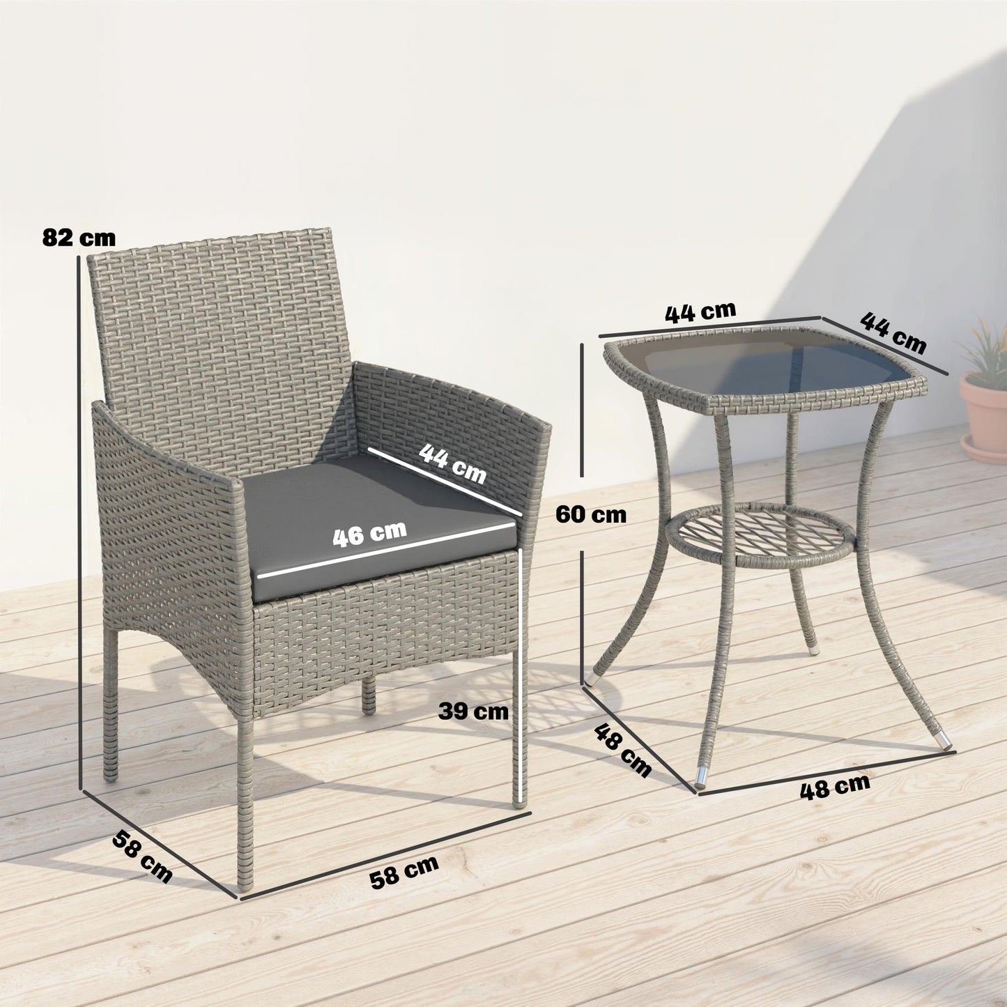 Outsunny 3 Piece Rattan Bistro Set Outdoor Conversation Set With Glass Top Table Cushioned Chairs Dark Grey