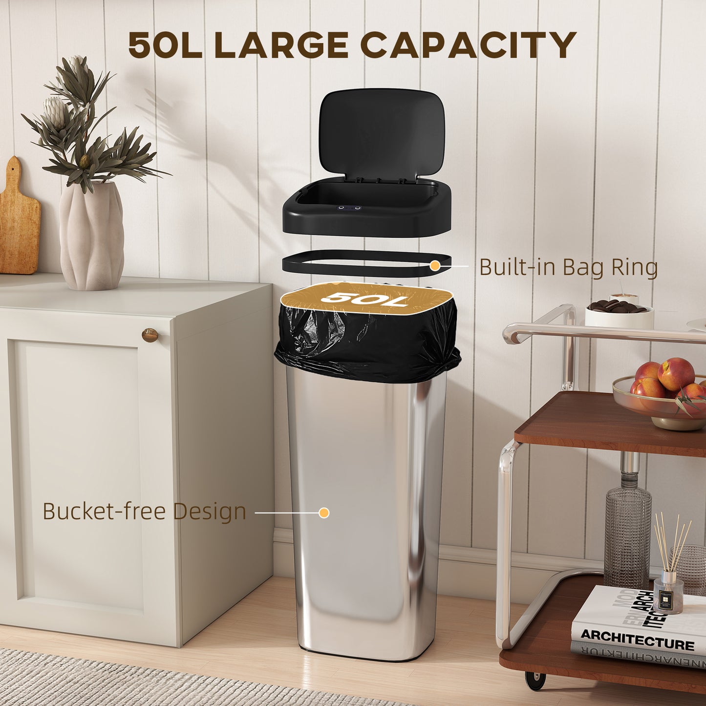 HOMCOM 50L Stainless Steel Sensor Bin With Slim Design And Silver Tone Finish For Easy Bag Changes