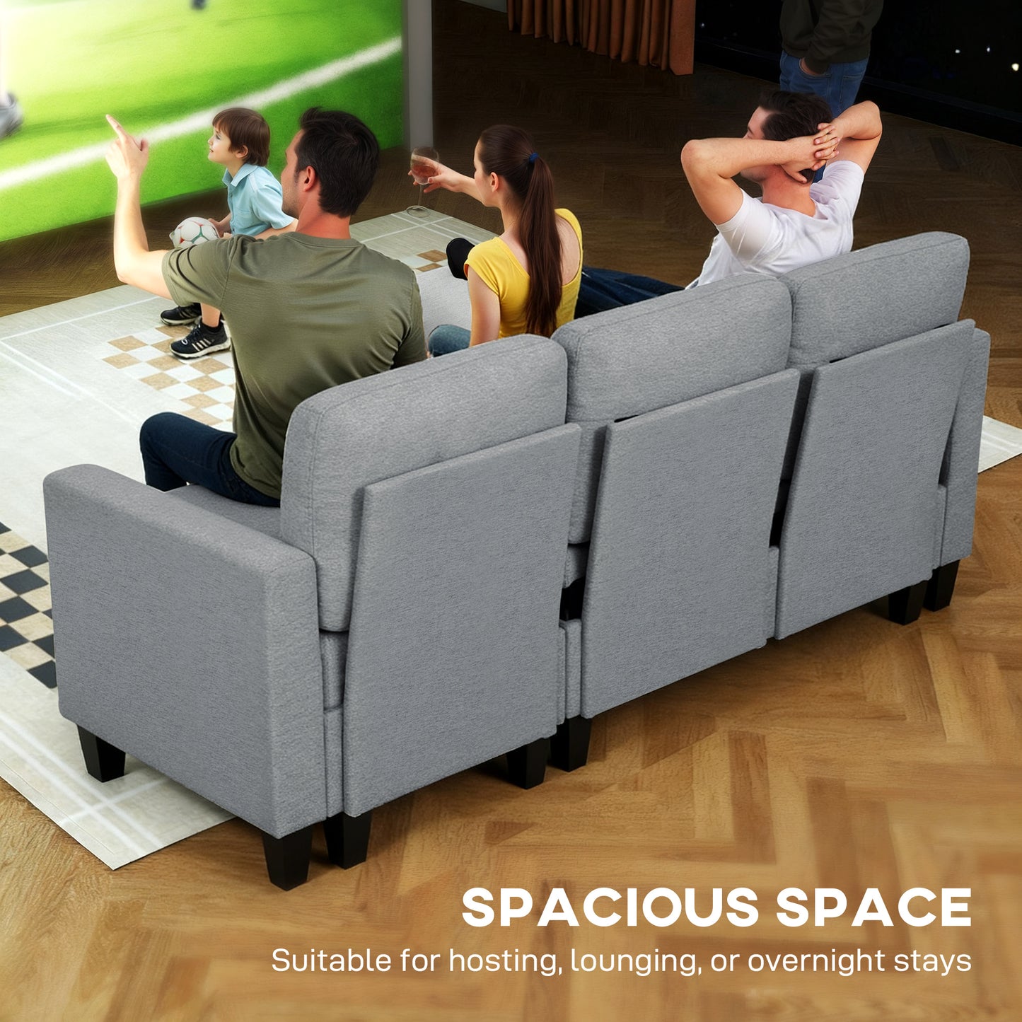 HOMCOM Three Seater Storage Sofa Bed Grey With Hidden Chaise Storage And Linen Look Upholstery
