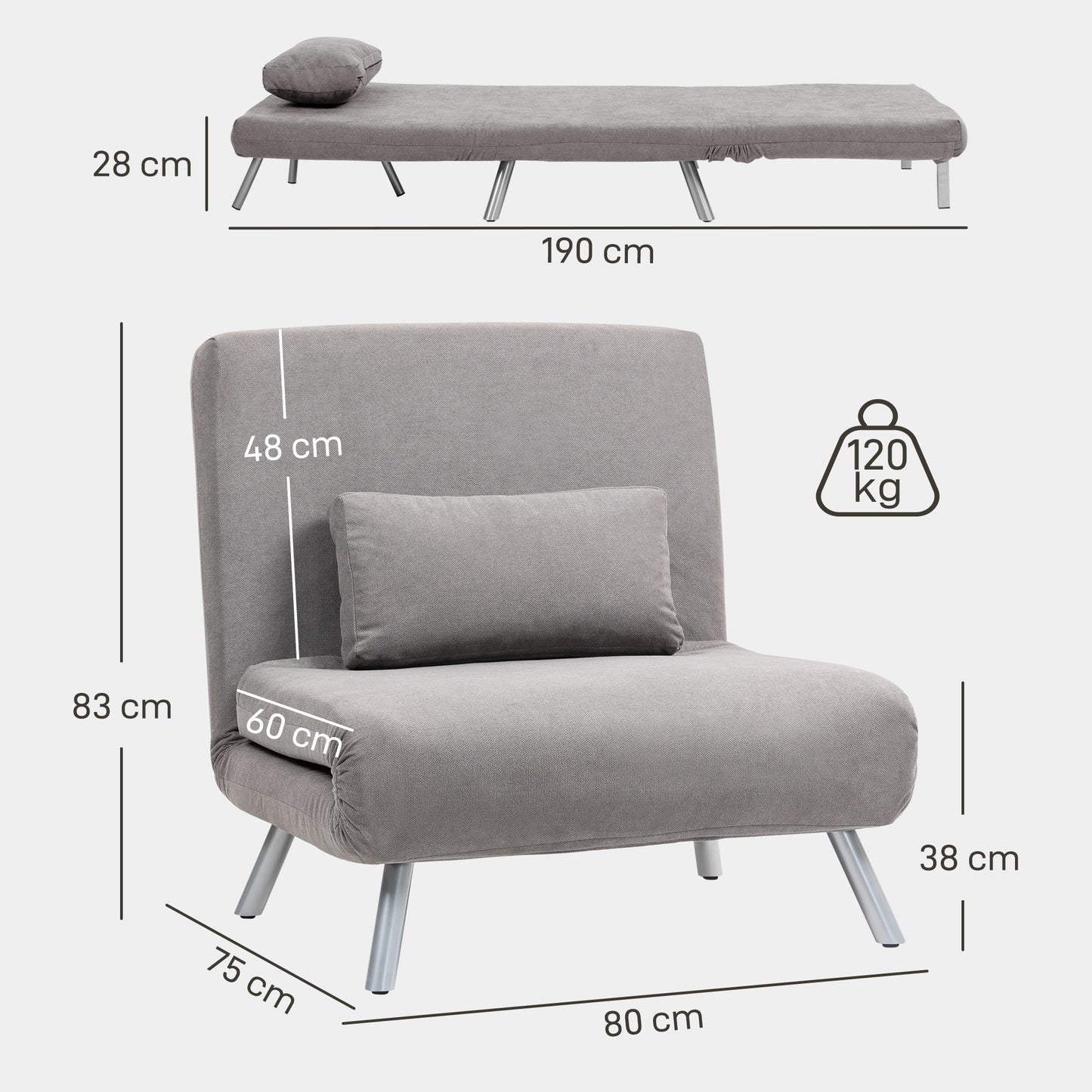 HOMCOM Snow Flannel Chair Bed With Click Clack Mechanism Grey Converts From Chair To Chaise Or Bed