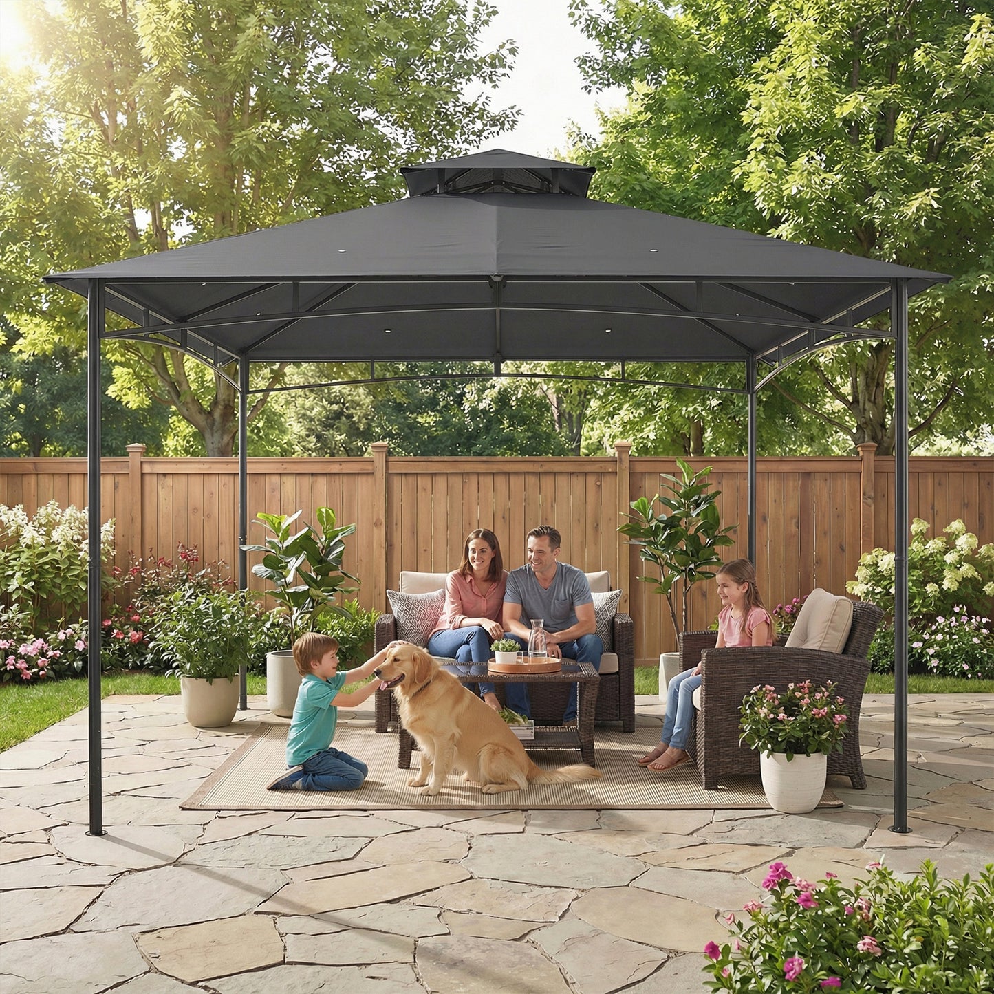 Outsunny 3x3 M Garden Gazebo With 2 Tier Roof And Powder Coated Metal Frame Dark Grey Waterproof UV Protected