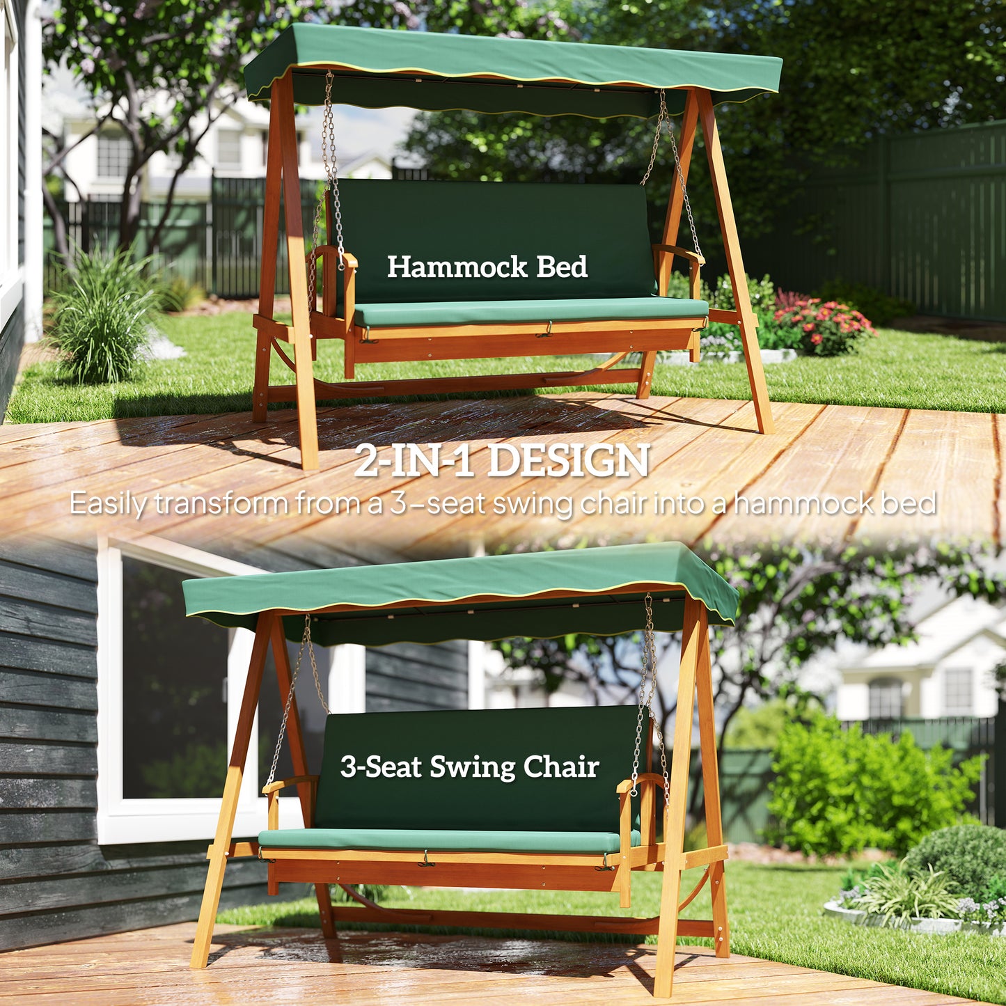 Outsunny 3 Seater 2 In 1 Wooden Garden Swing Seat Outdoor Convertible Hammock Bench Lounger Bed Dark Green