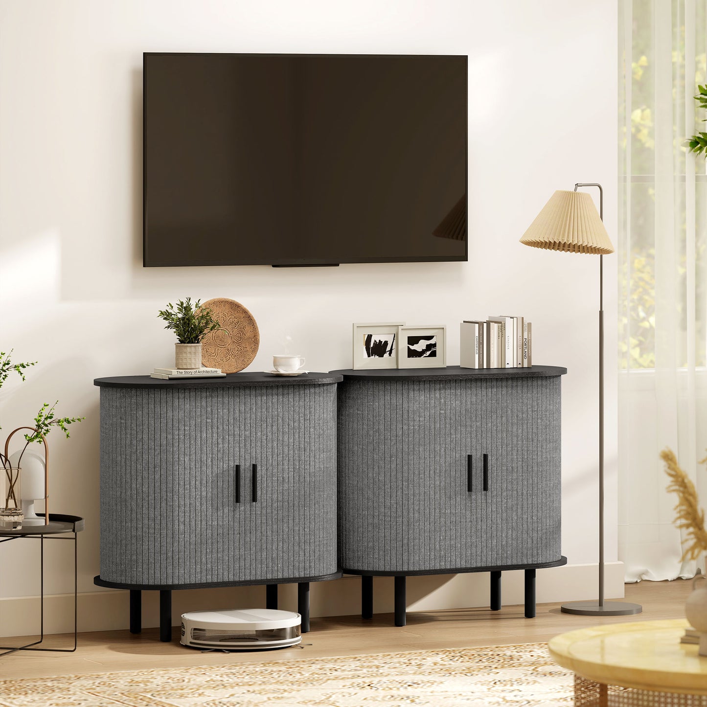 HOMCOM Tambour Sideboard With Fluted Sliding Doors Modern Kitchen Cupboard With Storage Shelves And Wooden Legs Grey