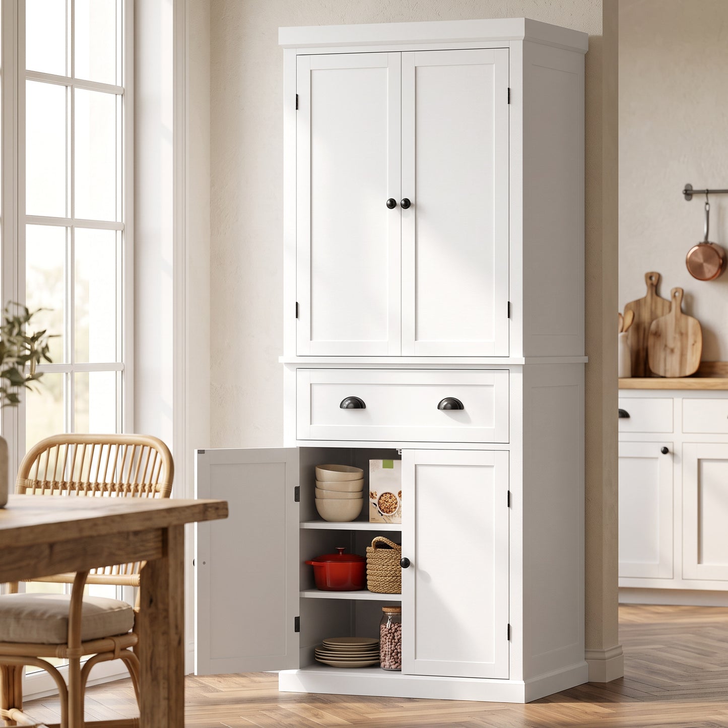 Homcom Tall Kitchen Pantry Cupboard Storage Unit With 4 Doors In White