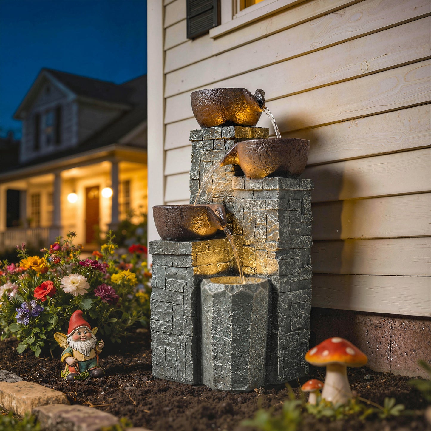 Outsunny 4-Tier Outdoor Fountain With Cascading Waterfall LED Lights Adjustable Flow Grey And Rustic Brown